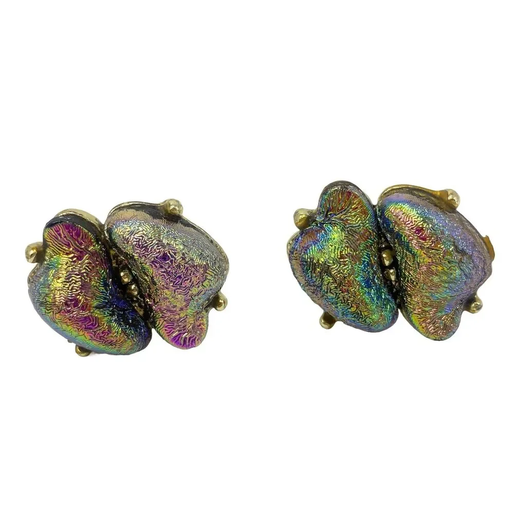 Vintage Unique Cufflinks Aurora Borealis Art Glass Iridescent Metallic Pat Pend